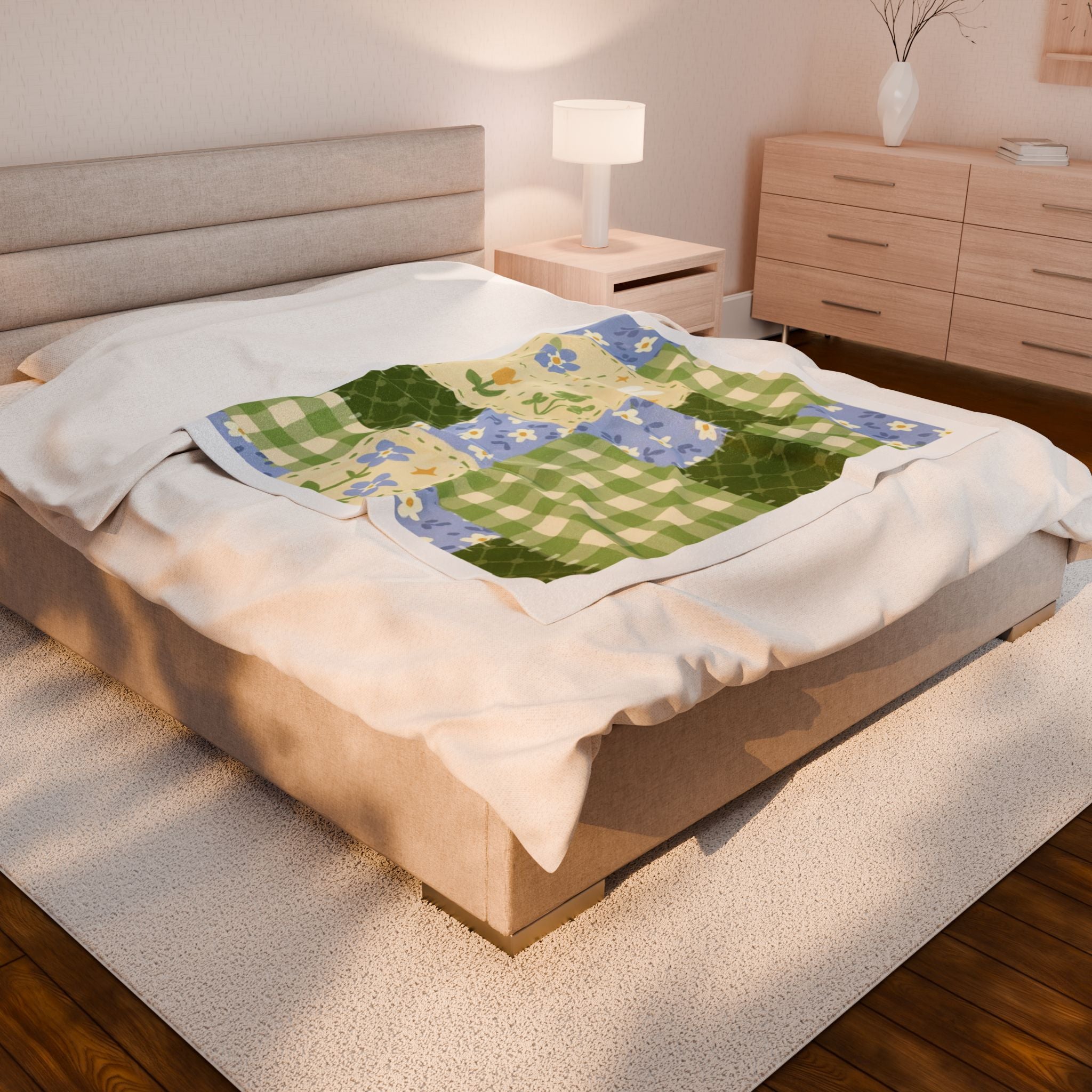 Cozy Velveteen Plush Blanket with Floral Patchwork Design