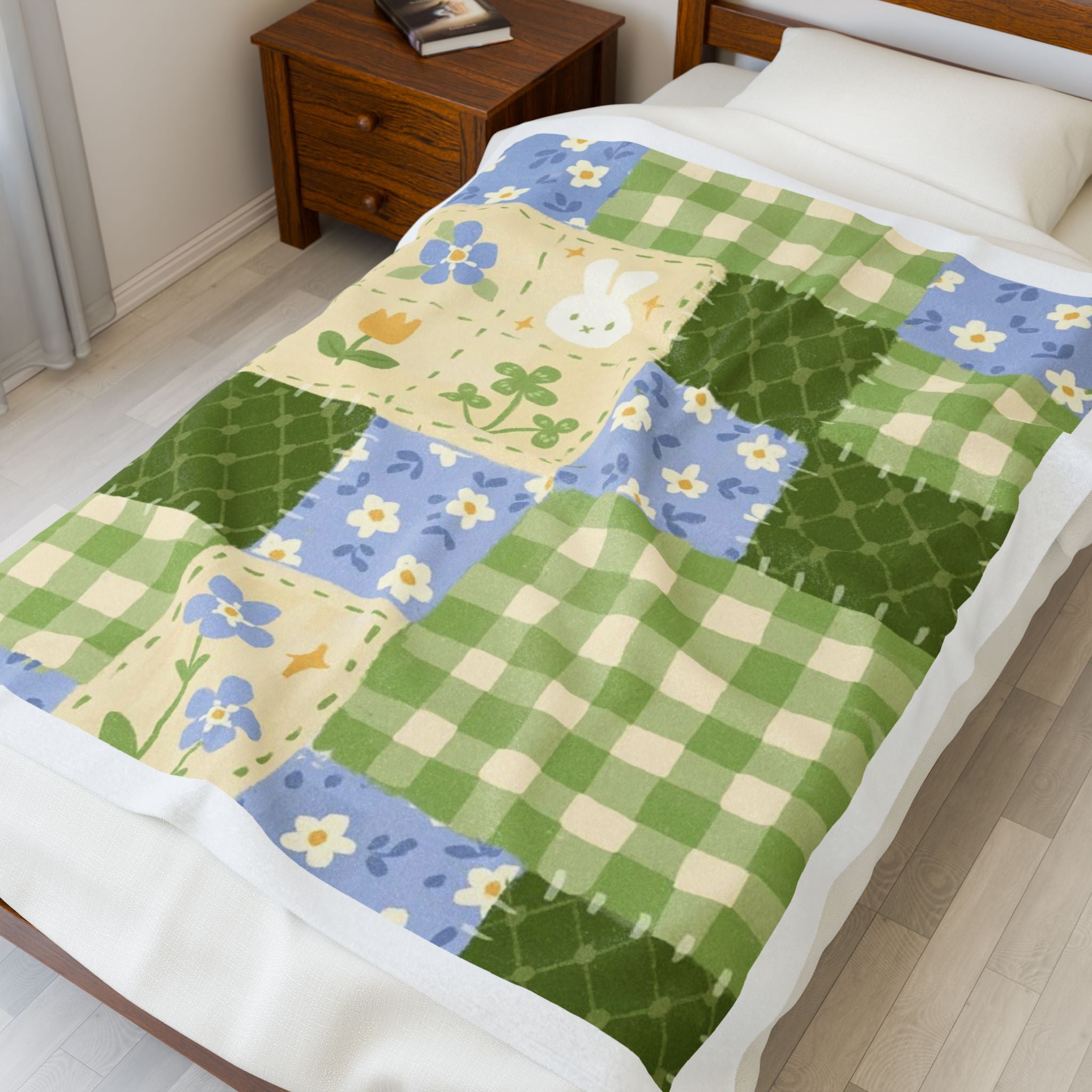 Cozy Velveteen Plush Blanket with Floral Patchwork Design